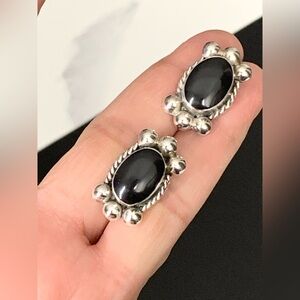 VTG Mexico 925 Sterling Silver and Black Onyx Cabochon Earrings Rope Border Larg